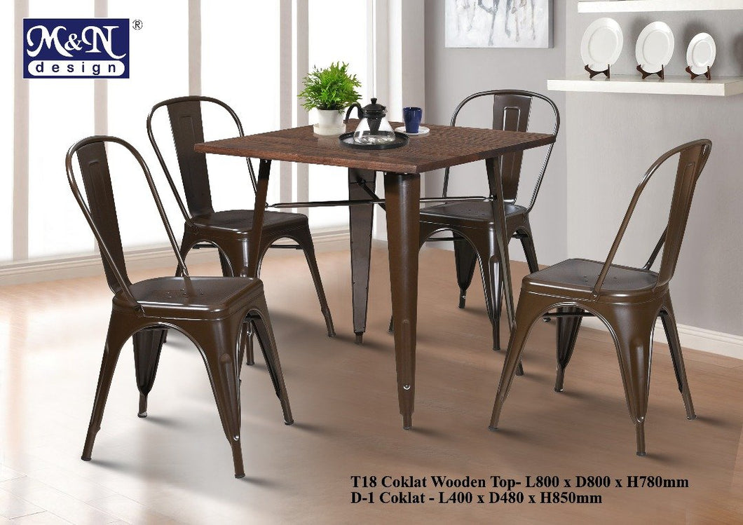 Metal Dining Table set with Coklat Wooden Top - T18W + D1